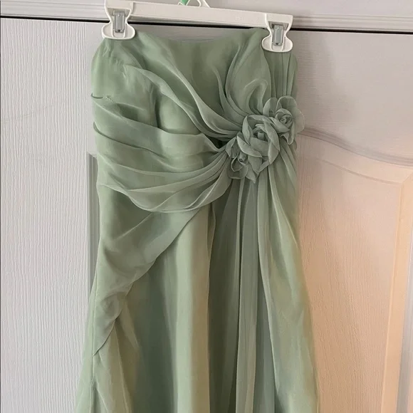 Strapless Sage Green Chiffon Dress with Rosette Detail - Picture 2 of 5